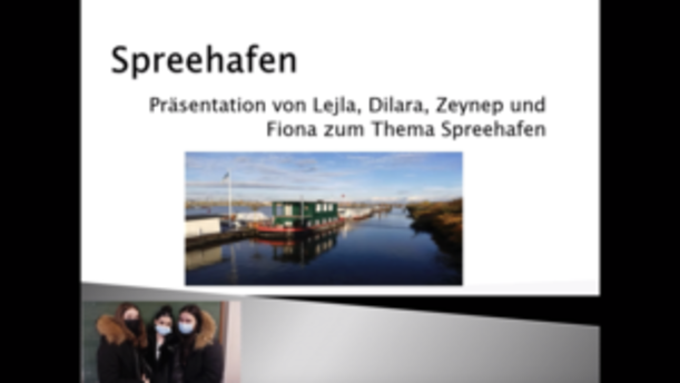 Präsentationsfolie Spreehafen mit Foto eines Hafenbeckens