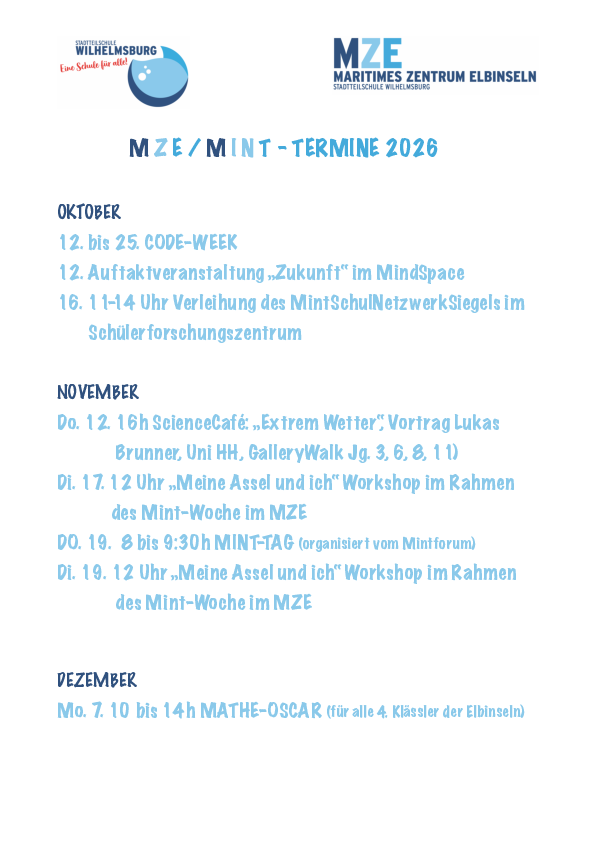 Terminübersicht MZE/MINT 2026/27 mit Code-Week, ScienceCafés und Mathe-Oscar