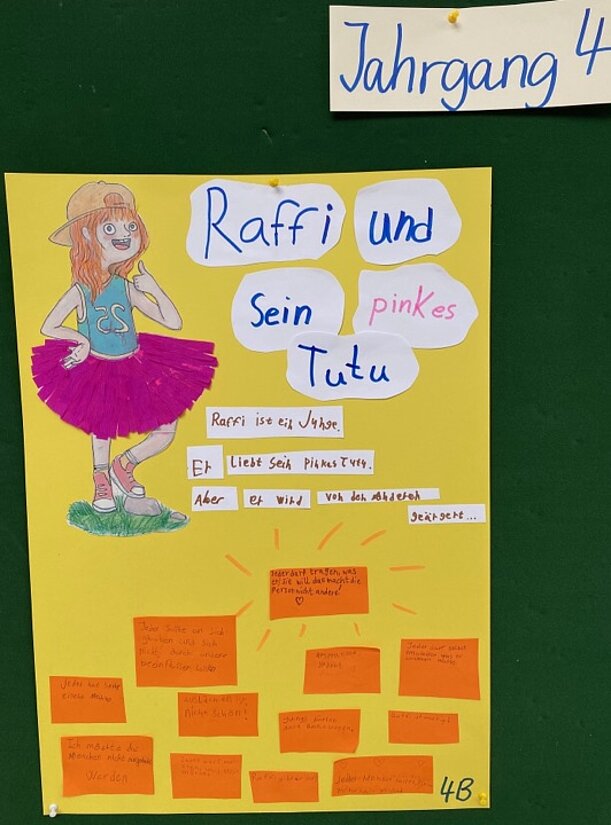 Plakat der Klasse 4b zum Buch „Raffi und sein pinkes Tutu“
