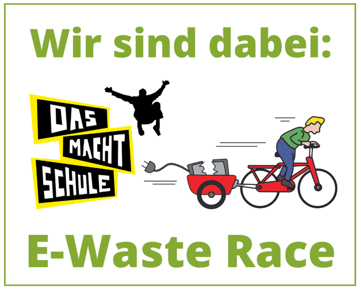 Grafik „Wir sind dabei: E-Waste Race“ mit Logo „Das macht Schule“ und Lastenrad