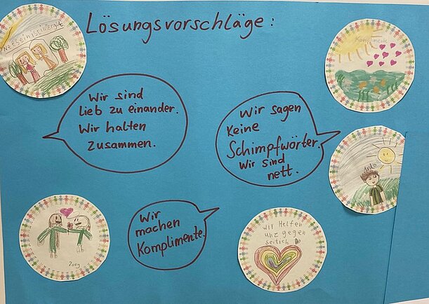 Plakat „Lösungsvorschläge“ mit Sprechblasen wie „Wir sagen keine Schimpfwörter“