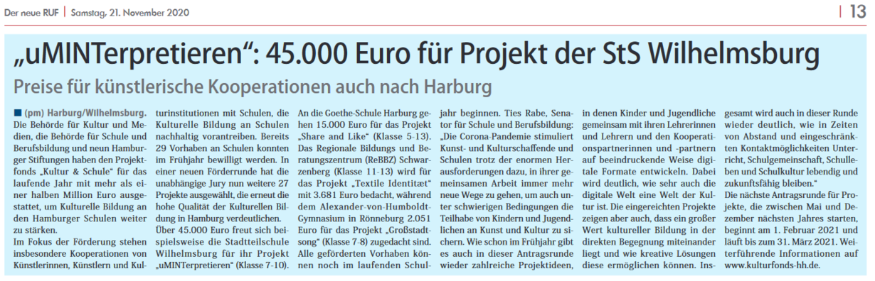 Zeitungsartikel uMINTerpretieren: 45.000 Euro für Projekt der StS Wilhelmsburg