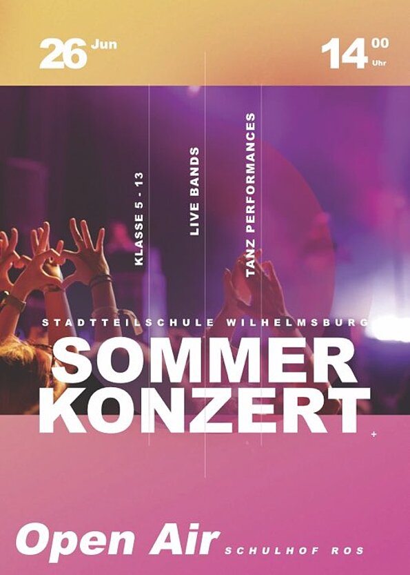 Flyer Sommerkonzert 26. Juni, 14 Uhr, Open Air auf dem Schulhof, Klassen 5–13