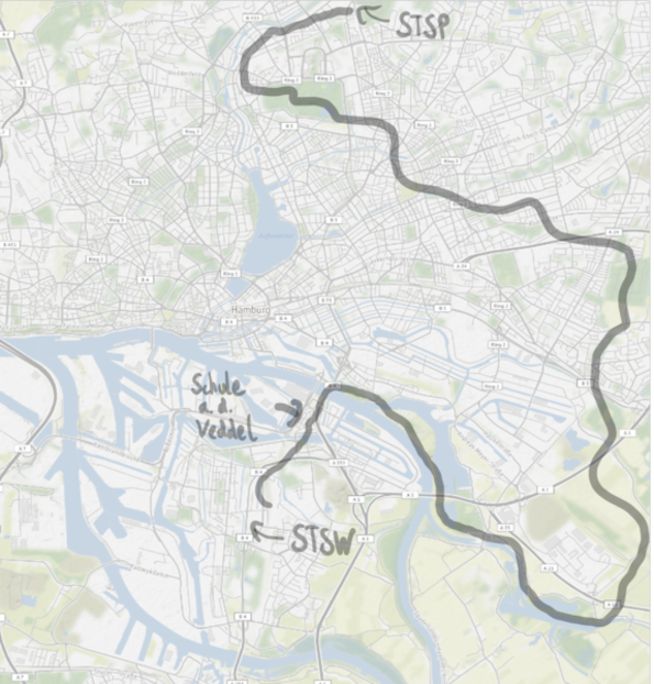 Stadtplan mit Route der Fahrradtour zwischen STSW und Schule auf der Veddel