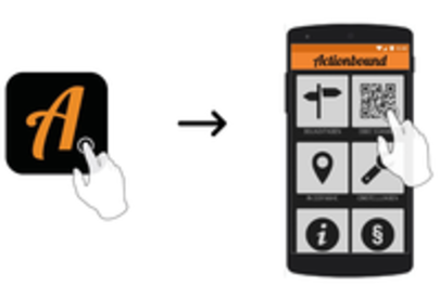 Anleitung Actionbound: App-Symbol antippen und QR-Code mit dem Smartphone scannen