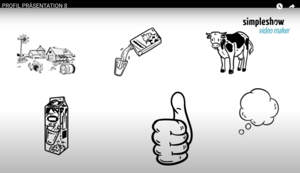 Skizzen-Animation mit Milchkarton, Kuh und Daumen hoch zur Profilvorstellung