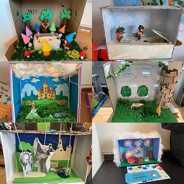 Collage aus sechs gestalteten Märchenszenen in Schuhkartons