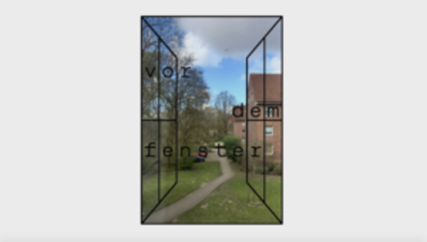 Grafik „vor dem fenster“ mit Fensterrahmen und Blick ins Grüne