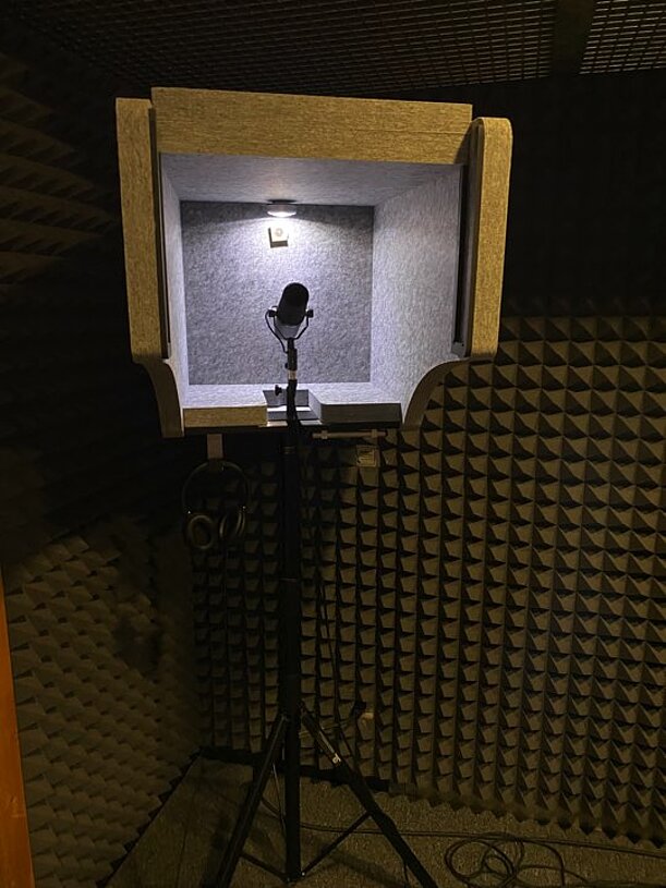 Mikrofon in einer schallgedämmten Kabine des Tonstudios
