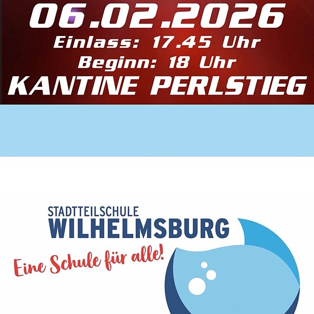 Ankündigung: 06.02.2026, Einlass 17.45 Uhr, Kantine Perlstieg, Logo der Schule