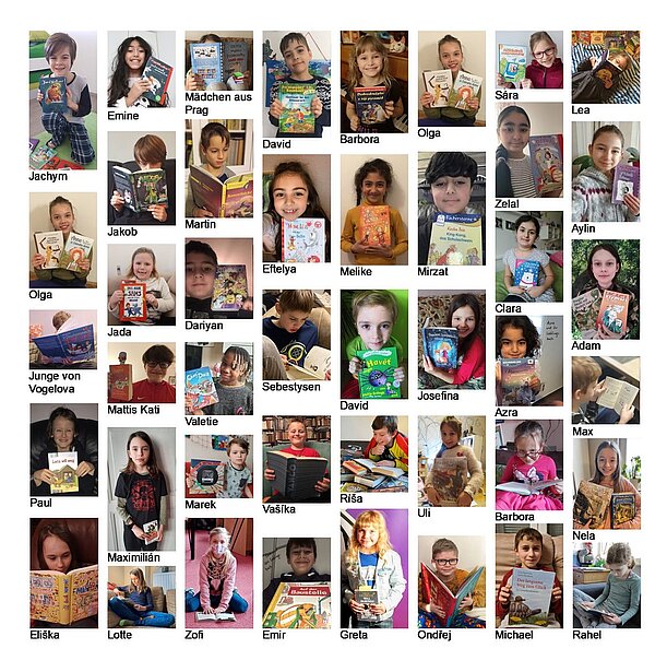 Fotocollage vieler Kinder, die Bücher lesen, für die Lesebrücke