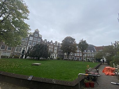 Alte Giebelhäuser rund um den Rasen des Begijnhofs