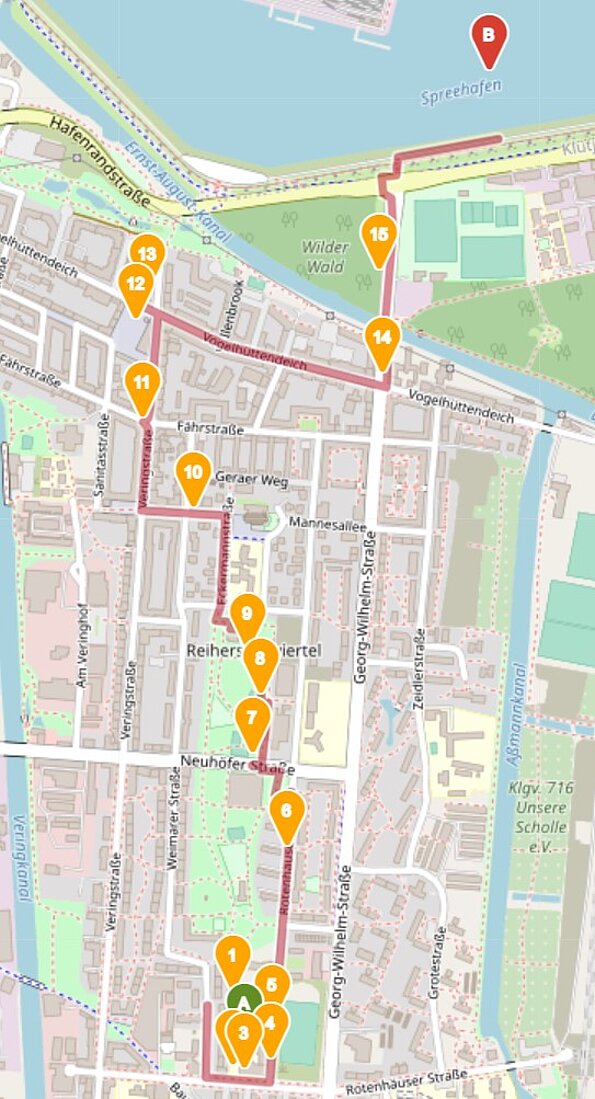 Kartenausschnitt mit Stationen des Actionbounds durch Wilhelmsburg