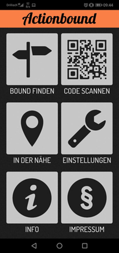 Startbildschirm der Actionbound-App mit Menüsymbolen