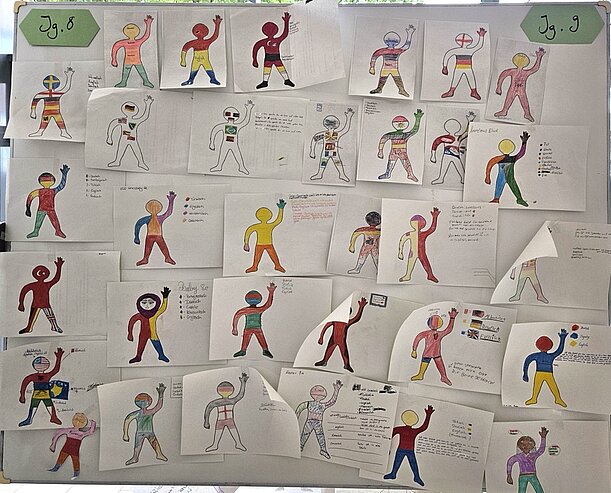 Plakatwand aus Jahrgang 9 mit bunt bemalten Sprachfiguren