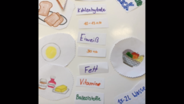 Plakat zu Nährstoffen wie Kohlenhydrate, Eiweiß, Fett und Vitamine