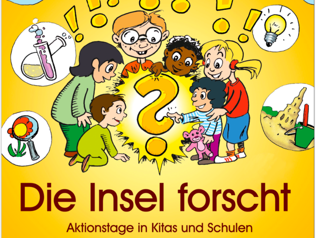 Flyer „Die Insel forscht – Aktionstage in Kitas und Schulen“ mit gezeichneten Kindern