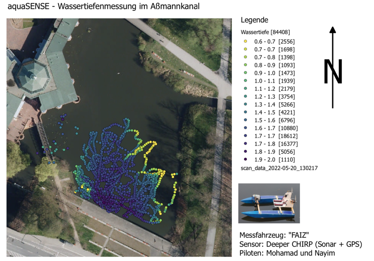 Karte aquaSENSE: Wassertiefenmessung im Aßmannkanal mit Messpunkten