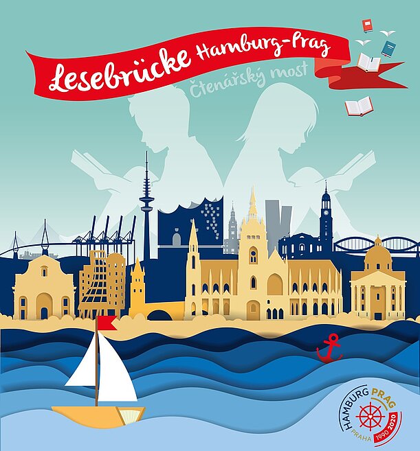 Plakat Lesebrücke Hamburg-Prag mit Stadtsilhouetten und Segelboot