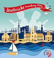 Plakat Lesebrücke Hamburg-Prag mit Stadtsilhouetten und Segelboot